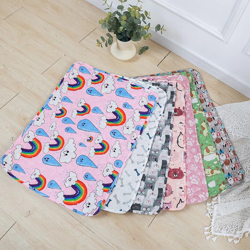 Washable waterproof pet urine pad in animal world pattern showing cloth surface and non-slip backing