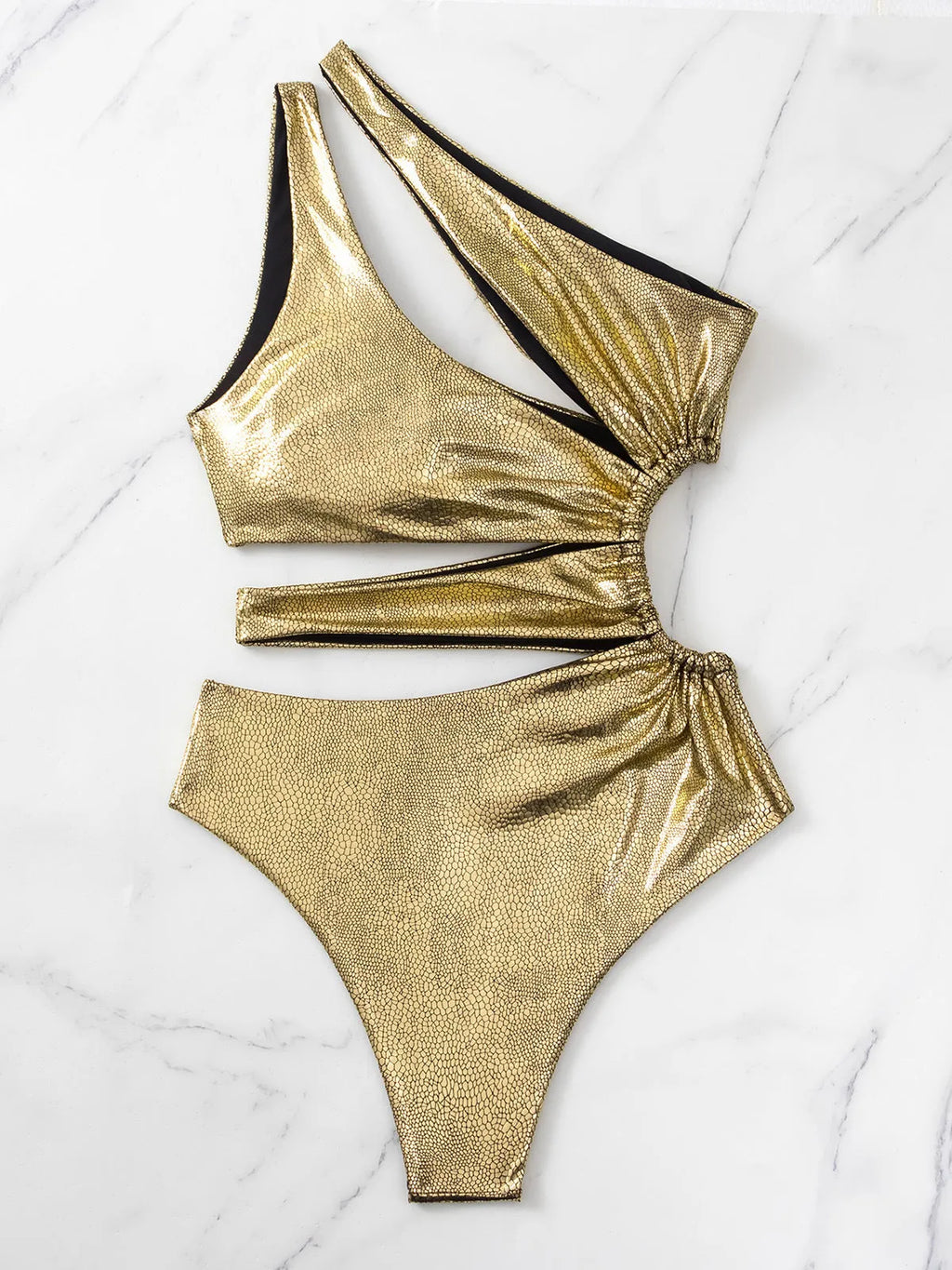 Gold backless one-piece women's swimsuit on hanger showing solid colour and sleeveless design