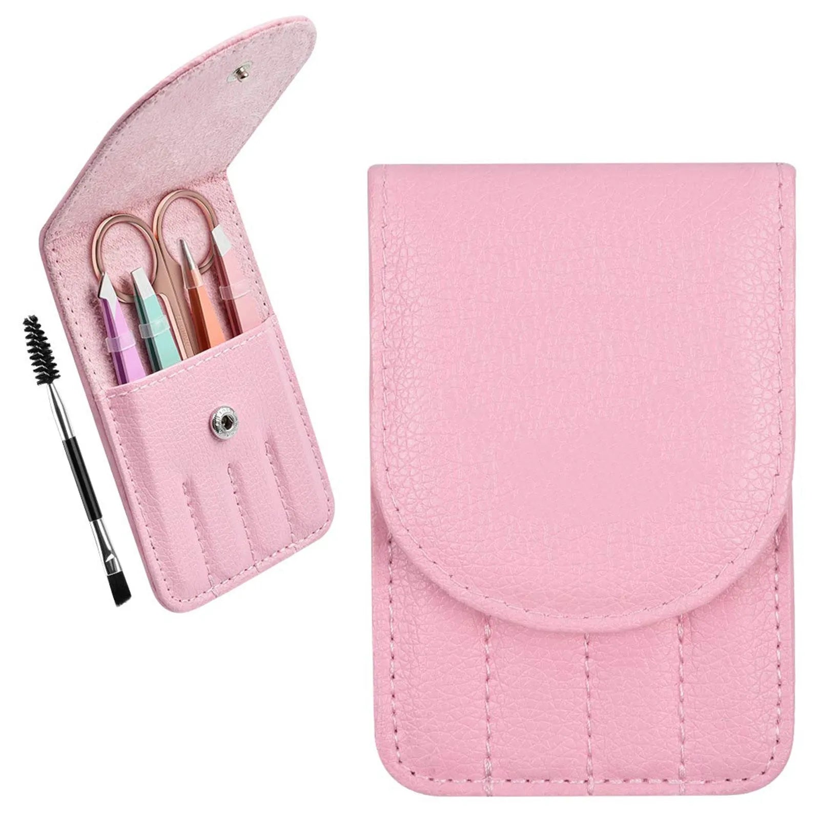 Six-piece professional eyebrow tweezers set with stainless steel tools and leather case