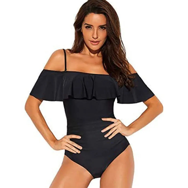 Black one-piece swimsuit with ruffled strap tube top design and solid color pattern for swimming