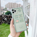 Green iPhone case with geometric smiley face pattern and polka dot border on a table.