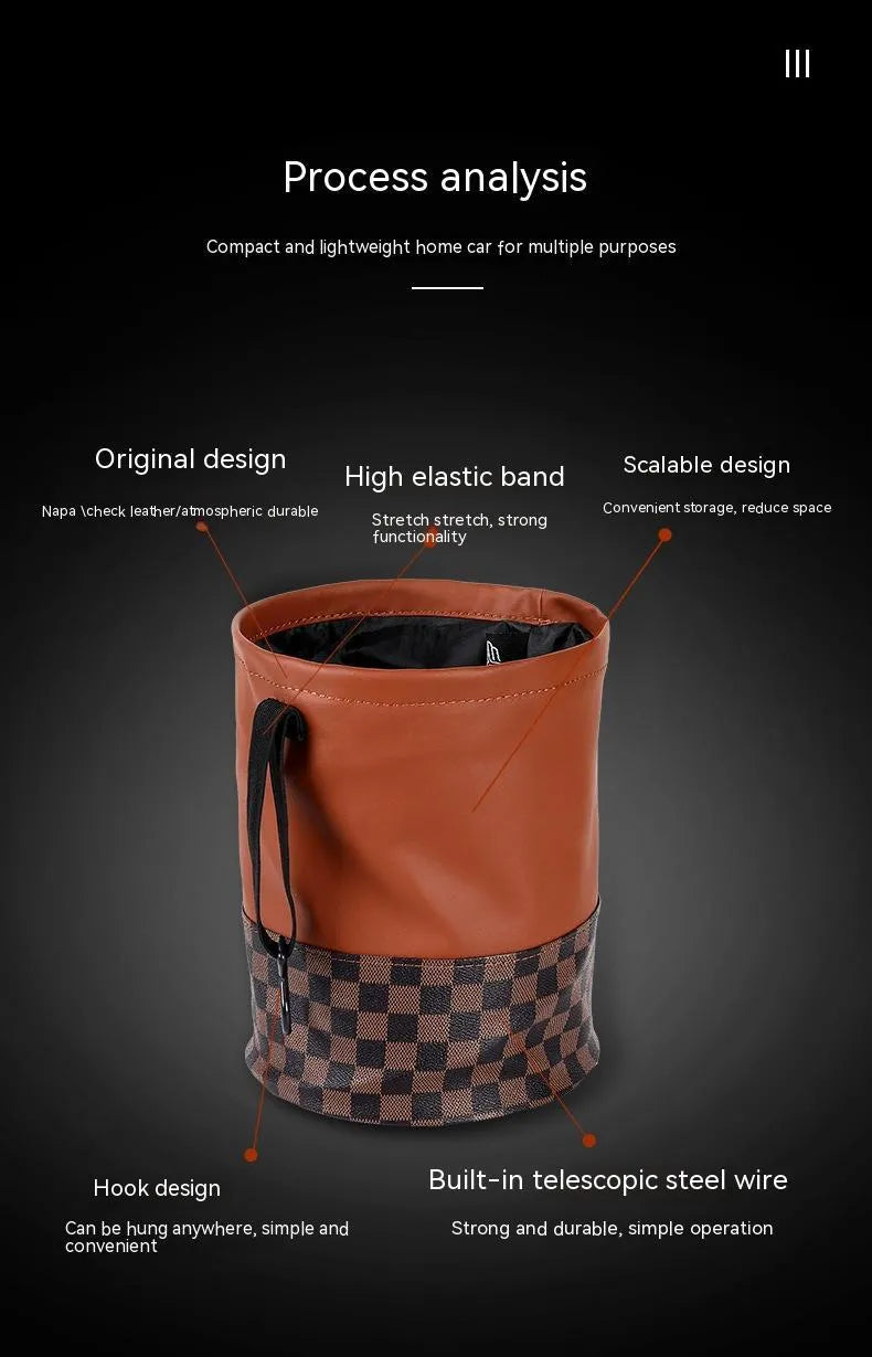 Leather retractable folding car trash can with handle shown in vehicle interior