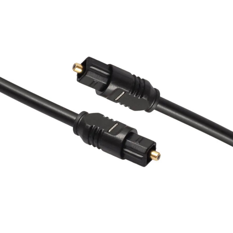 Black Toslink fibre optic audio cable with 4mm square connectors showing 2-metre length