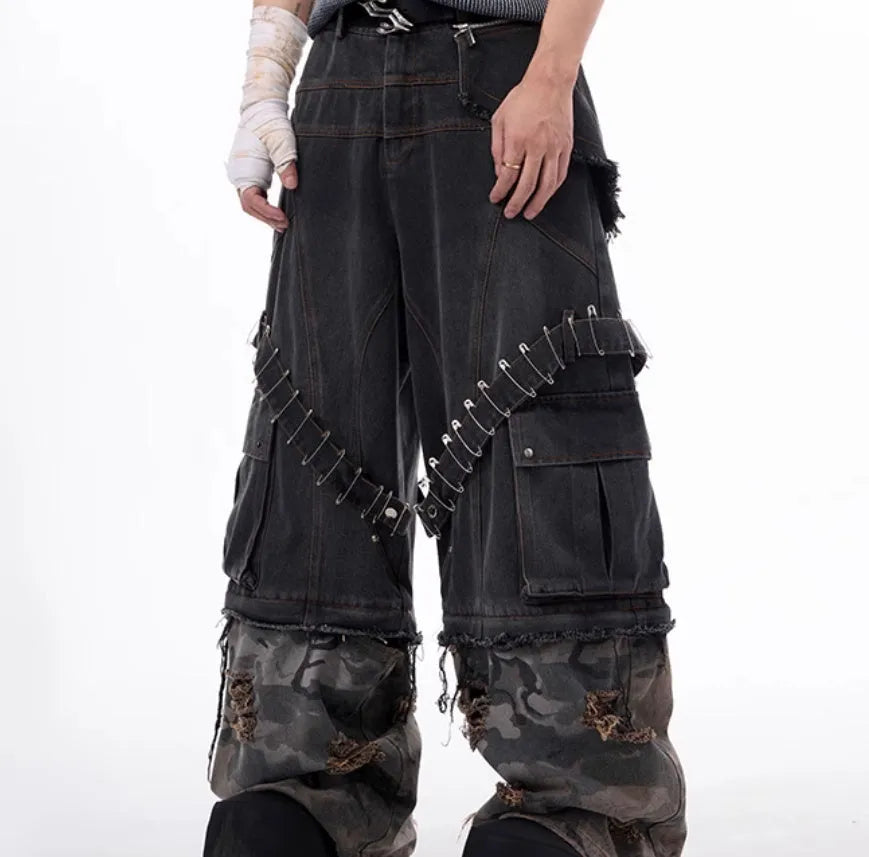Men's grey camouflage jeans with pin and ribbon detailing on cotton denim fabric