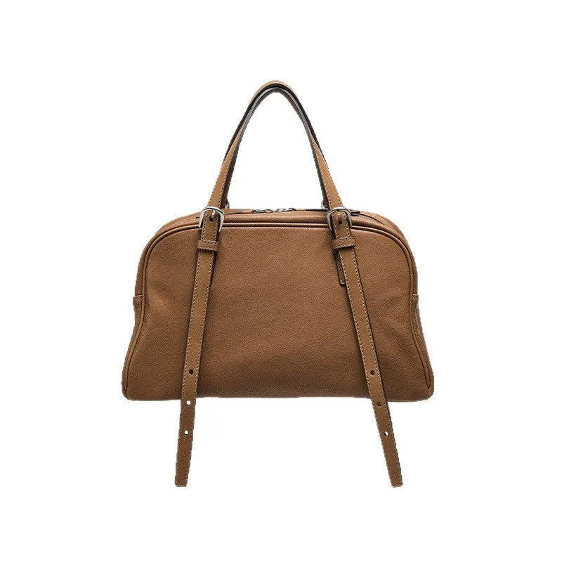 Retro brown genuine leather women's shoulder bag with double straps and external pockets