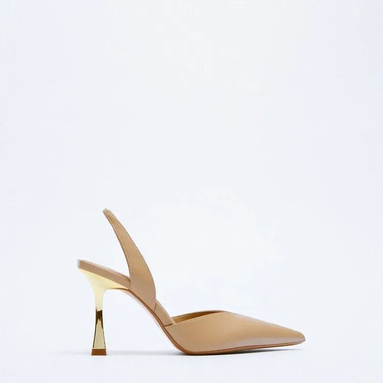 Women's pointed toe high heels in apricot patent leather, showing shallow mouth design.