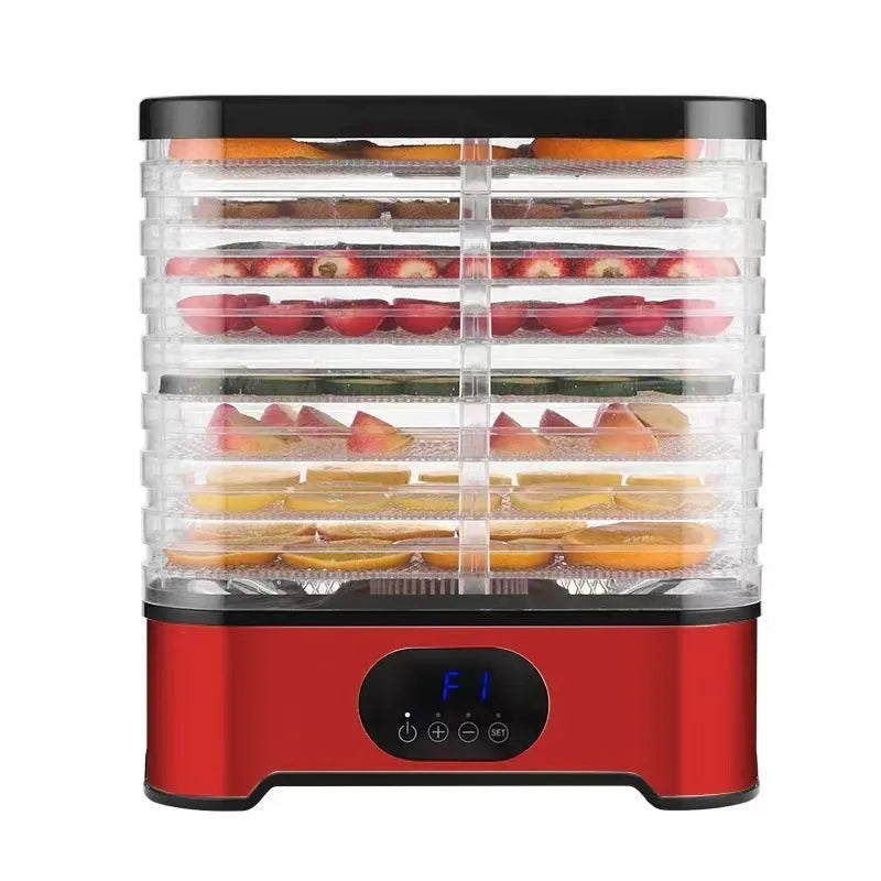 Silver household food dehydrator with eight stacking trays showing temperature controls and ventilation