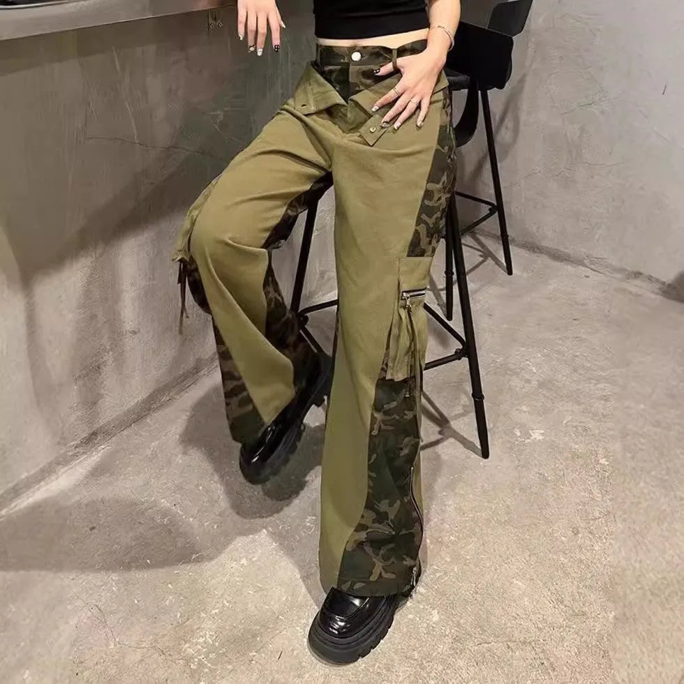 Dark khaki leopard print high waist jeans with straight legs and faux double stitching details