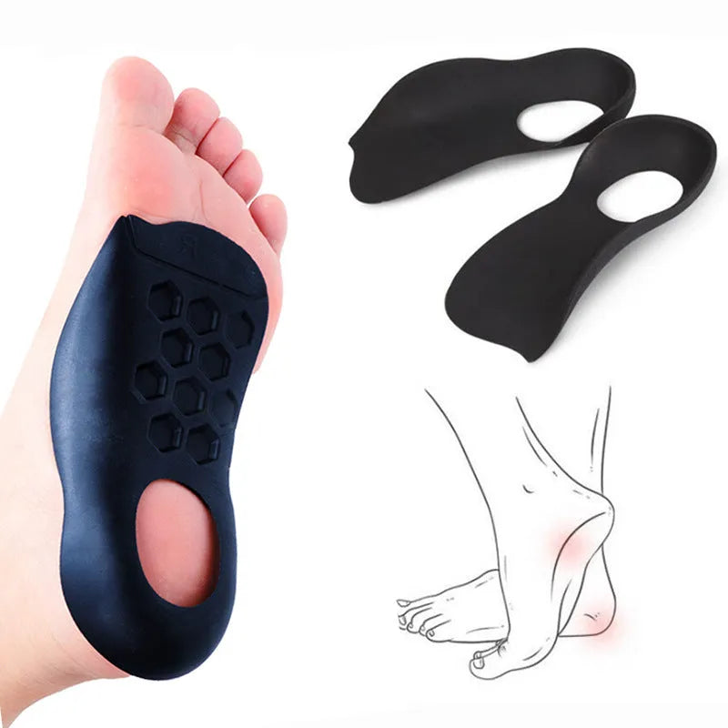 A pair of TPR varus correction insoles with arch support in black, white, and skin colour options.