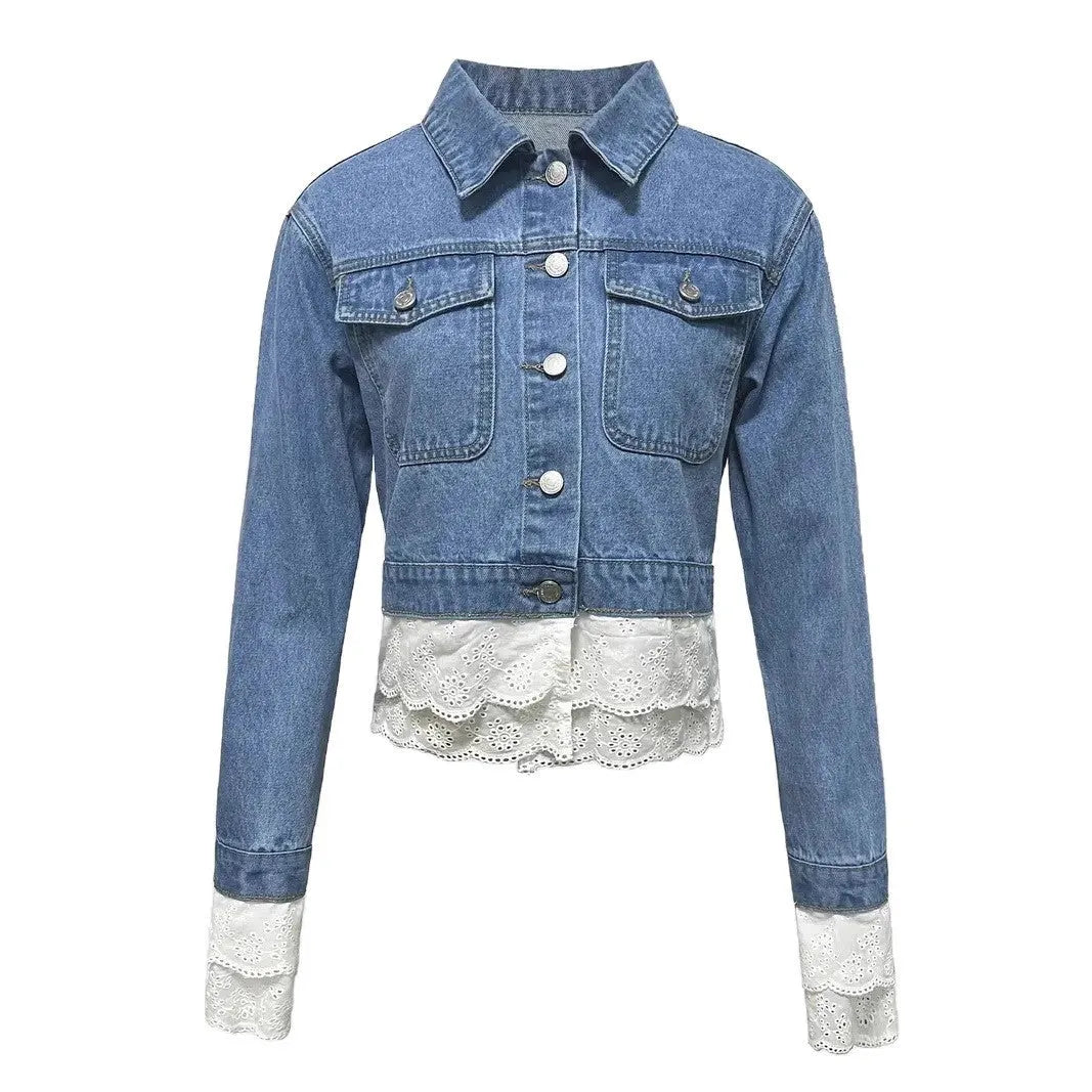 Blue women's denim jacket with decorative lace stitching on the front, long sleeves.