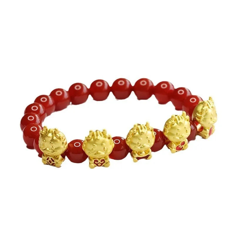 Natural red agate beaded bracelet with Chinese Five Blessing Dragon design on 8mm beads.