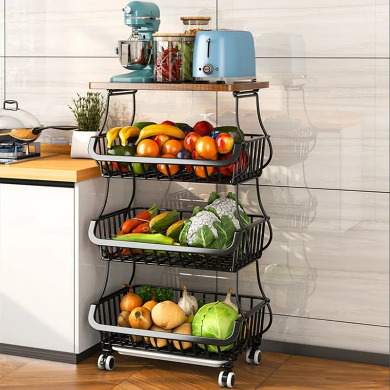 Black six layer kitchen shelf floor trolley with carbon steel construction and foldable design