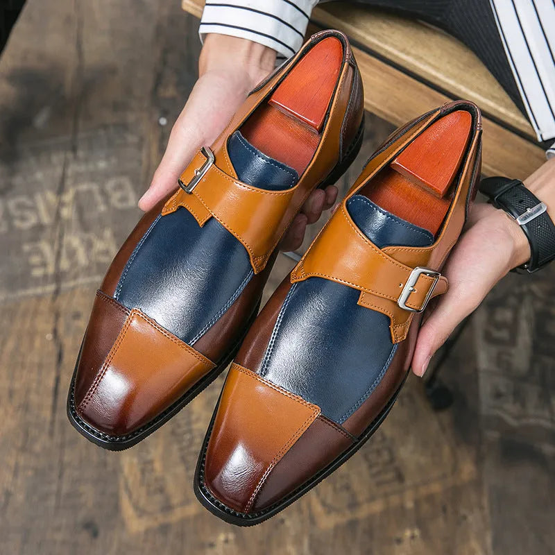 Men's British retro style buckle casual shoes in microfiber with tall crown upper