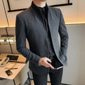 Slim fit men's casual autumn jacket in solid black, dark gray or white, polyester blend, seam pockets, sizes M to 4XL.