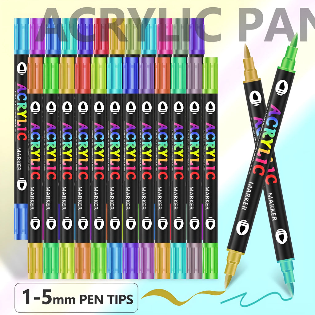 Set of double-headed acrylic marker pens showing fine and broad tips with opaque washable colours