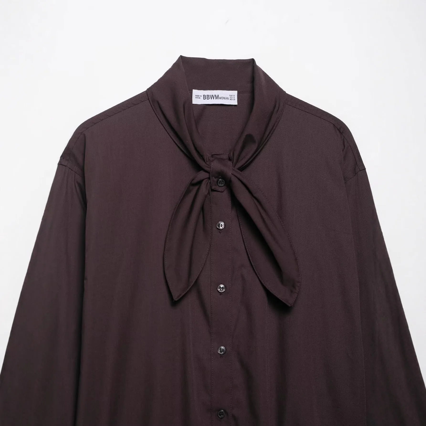 Brown women's poplin shirt with integrated bow tie scarf, cardigan style with long sleeves