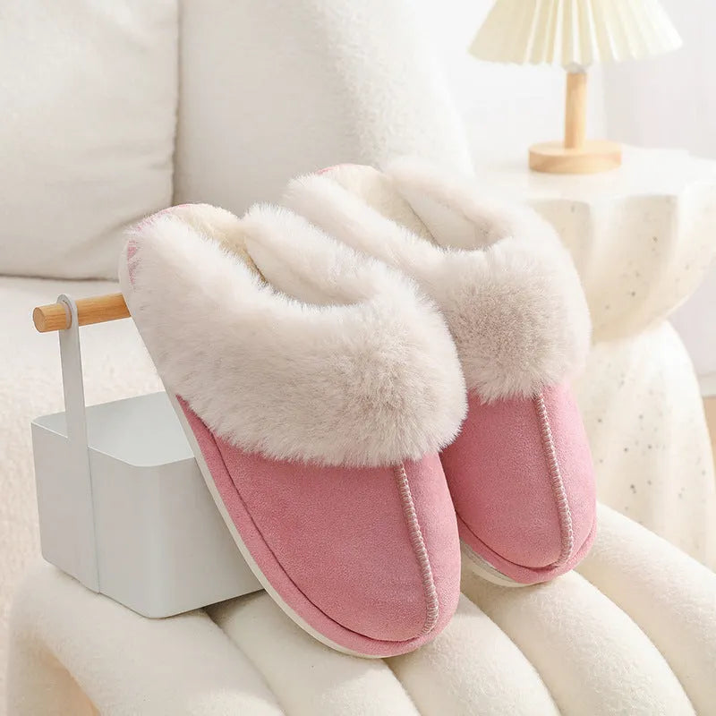 Women's winter plush indoor slippers in brown with anti-slip PVC sole and artificial wool insole