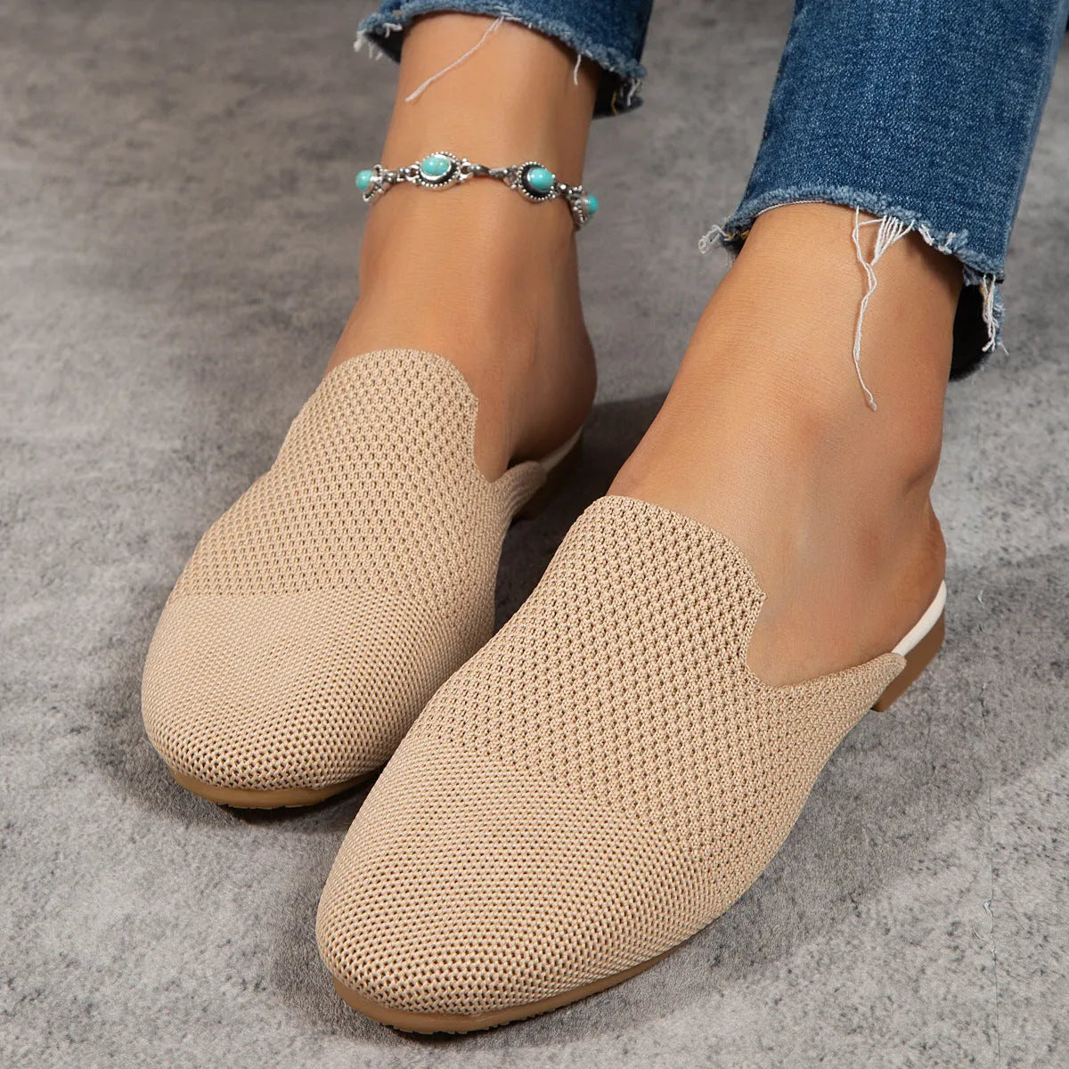 Apricot, blue, and green candy colour mesh slip-on loafers with round toe and rubber sole.