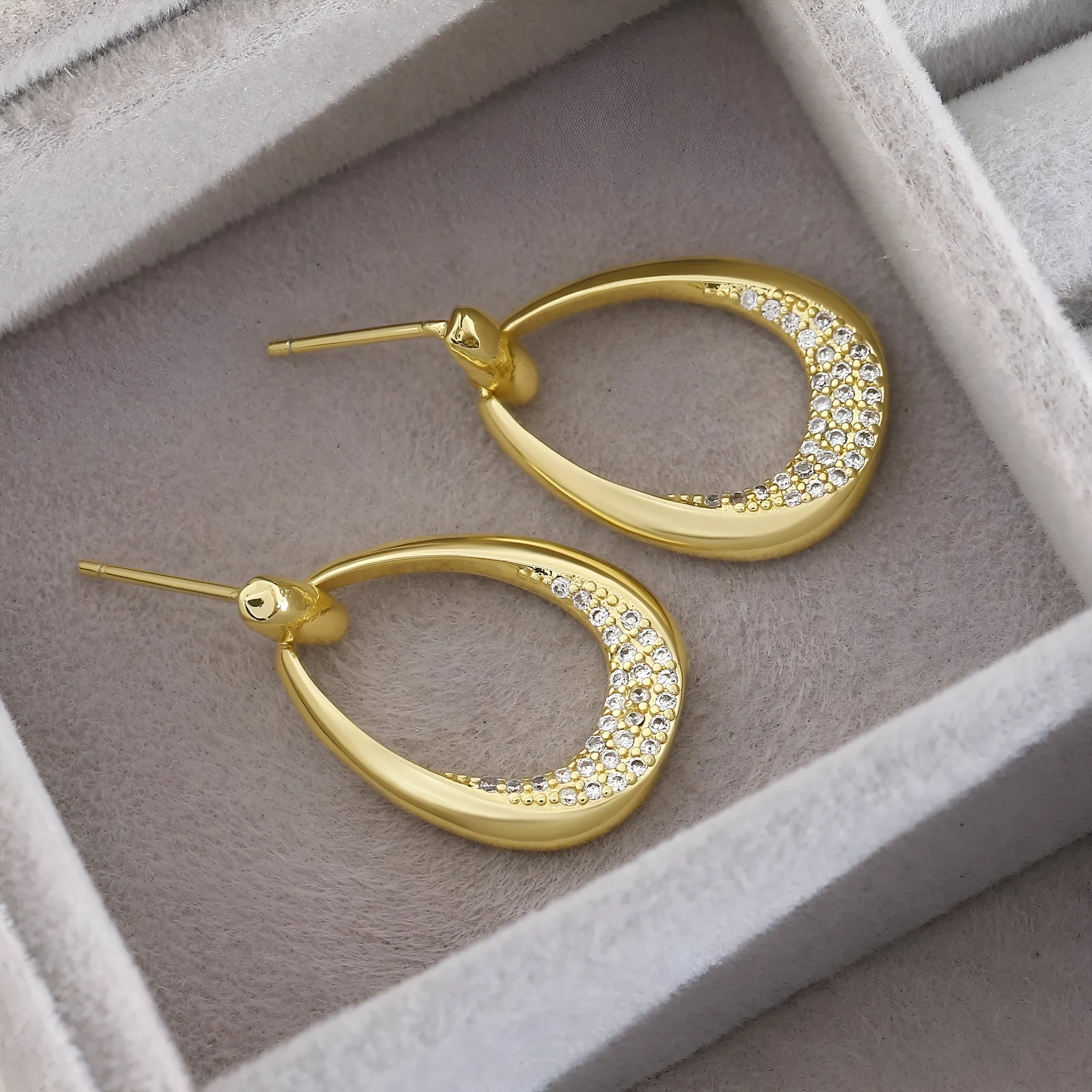 Women's yellow gold geometric drop earrings with zircon detailing, measuring 2.6cm by 1.7cm