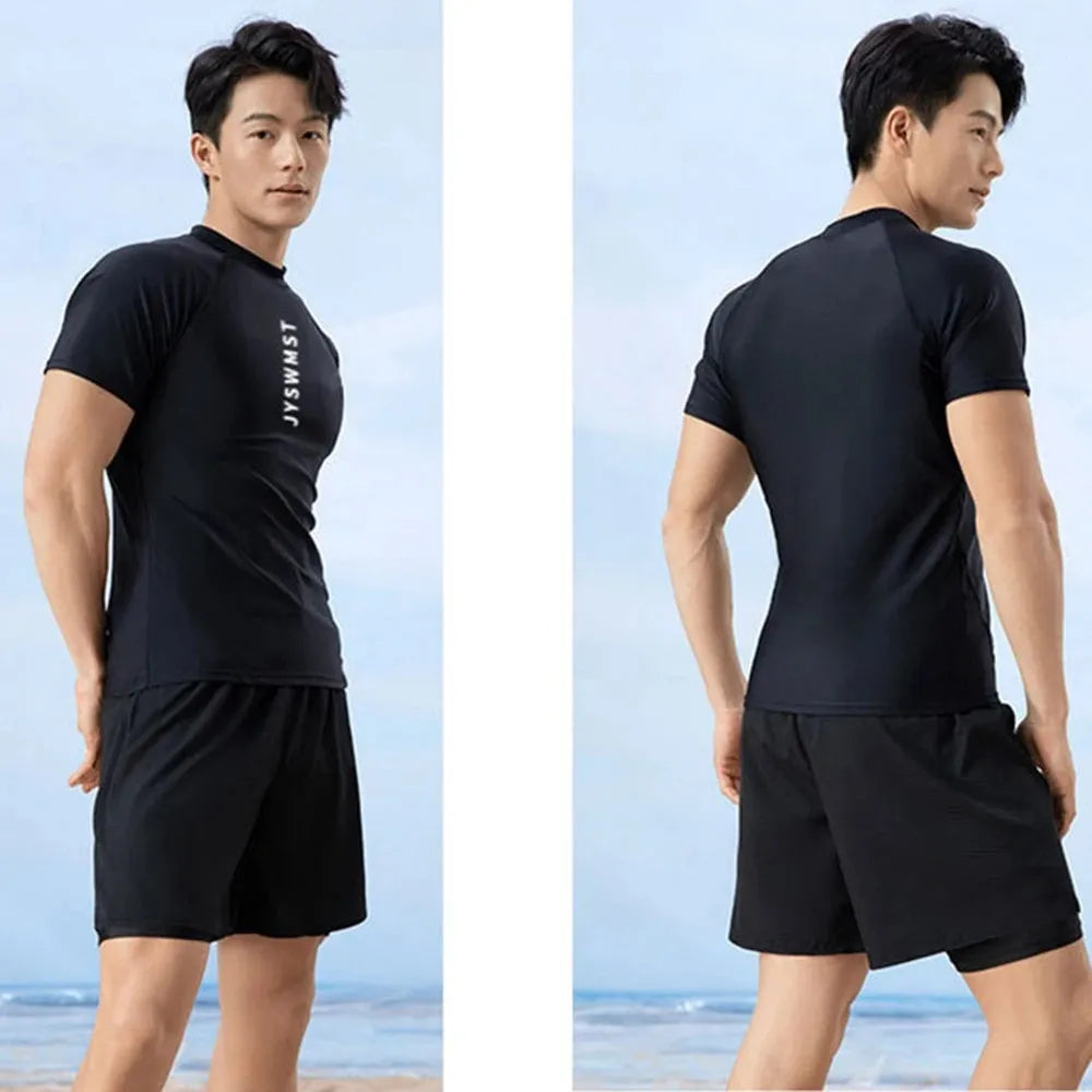Men's polyester swimsuit set with matching top and trunks in plus sizes