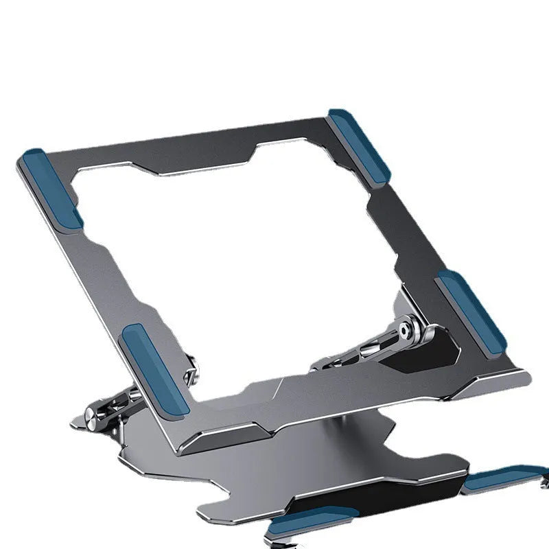 Grey aluminium laptop stand with adjustable angle and foldable design for 15-inch notebooks