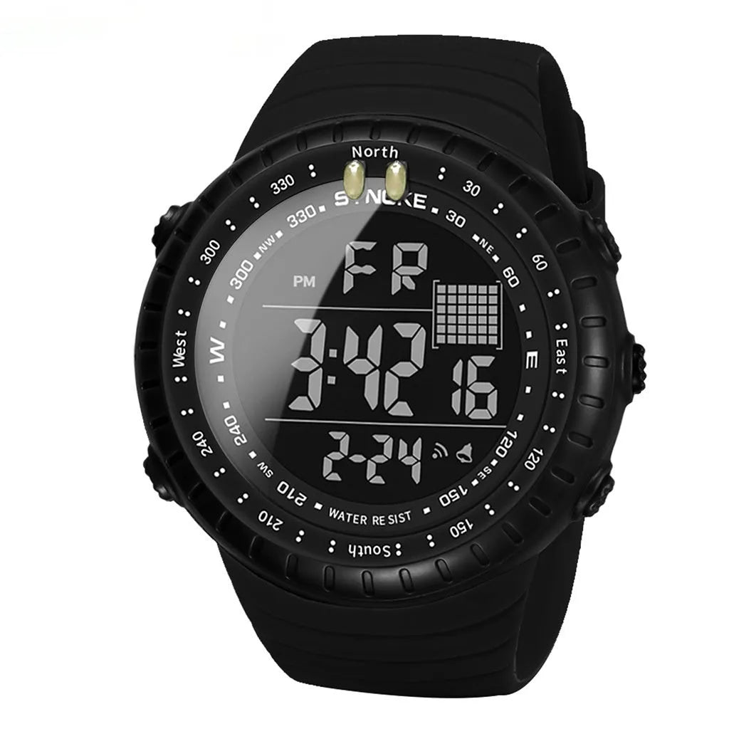 Black waterproof digital watch with WR50M rating and adjustable PU strap on wrist