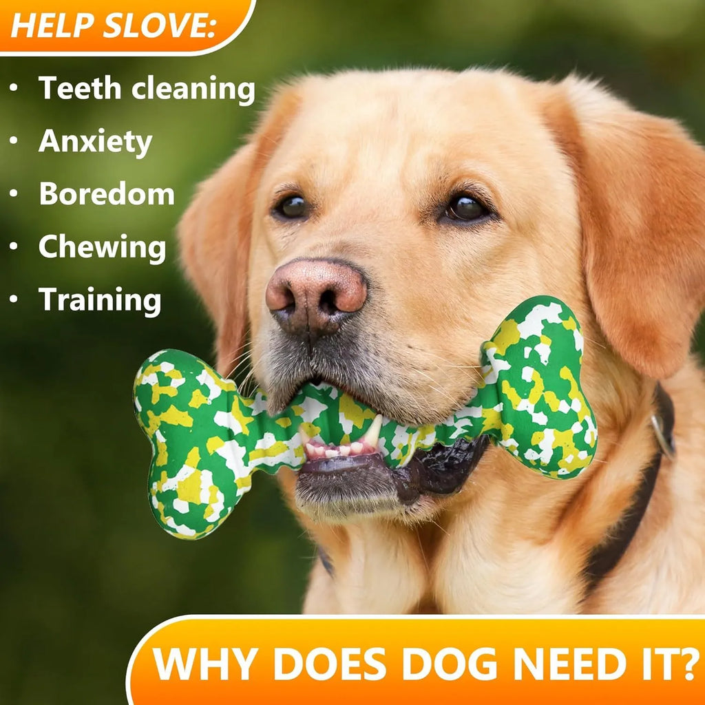 Natural rubber dog chew toy with camouflage pattern in green, white, and yellow colours