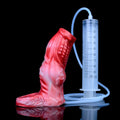 Water spray silicone condom toy with syringe and airbag components, shown in M and L sizes.