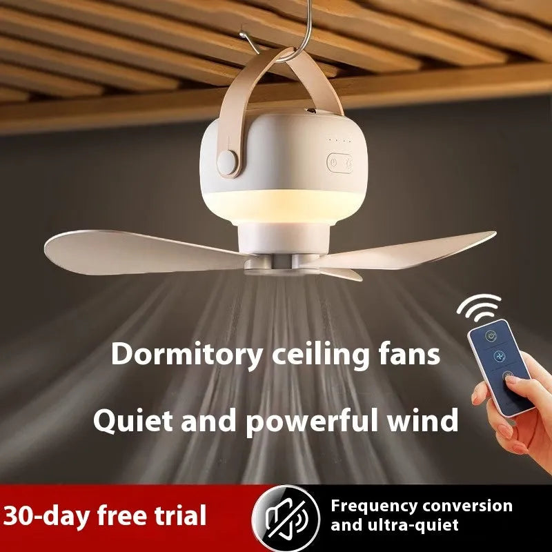 Rechargeable multifunctional ceiling fan with remote control for camping tents, includes night light and wire bracket.