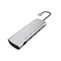 Grey aluminium USB-C docking station with HDMI, VGA, USB ports, and a 140mm cable.