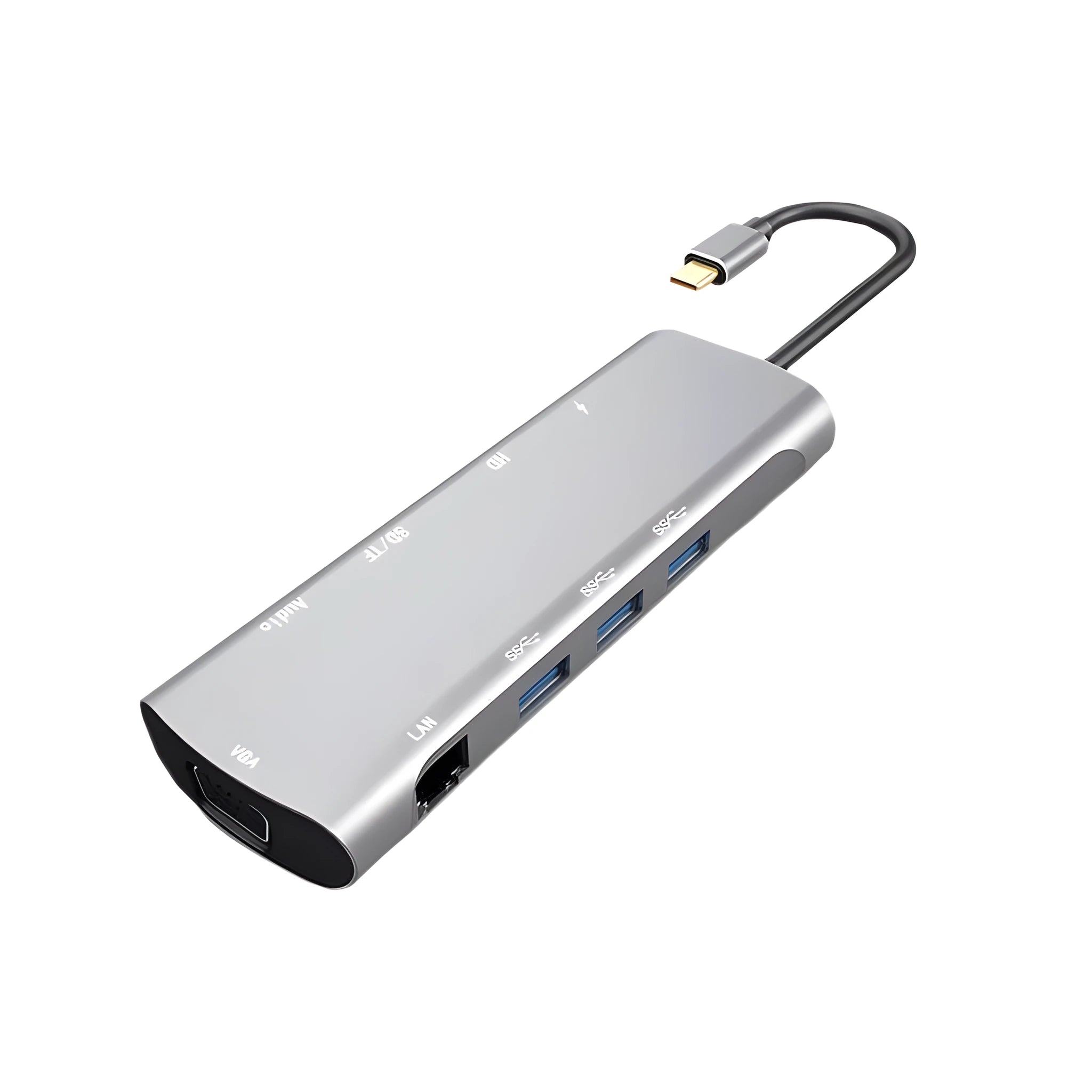 Grey aluminium USB-C docking station with HDMI, VGA, USB ports, and a 140mm cable.