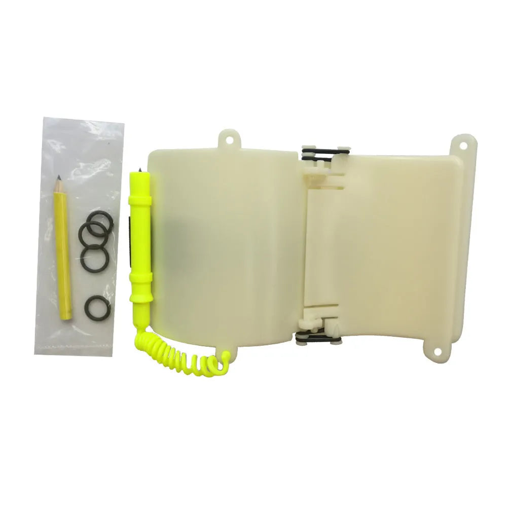 White luminous ABS diving wristboard with pencil and spare O-ring for underwater writing.