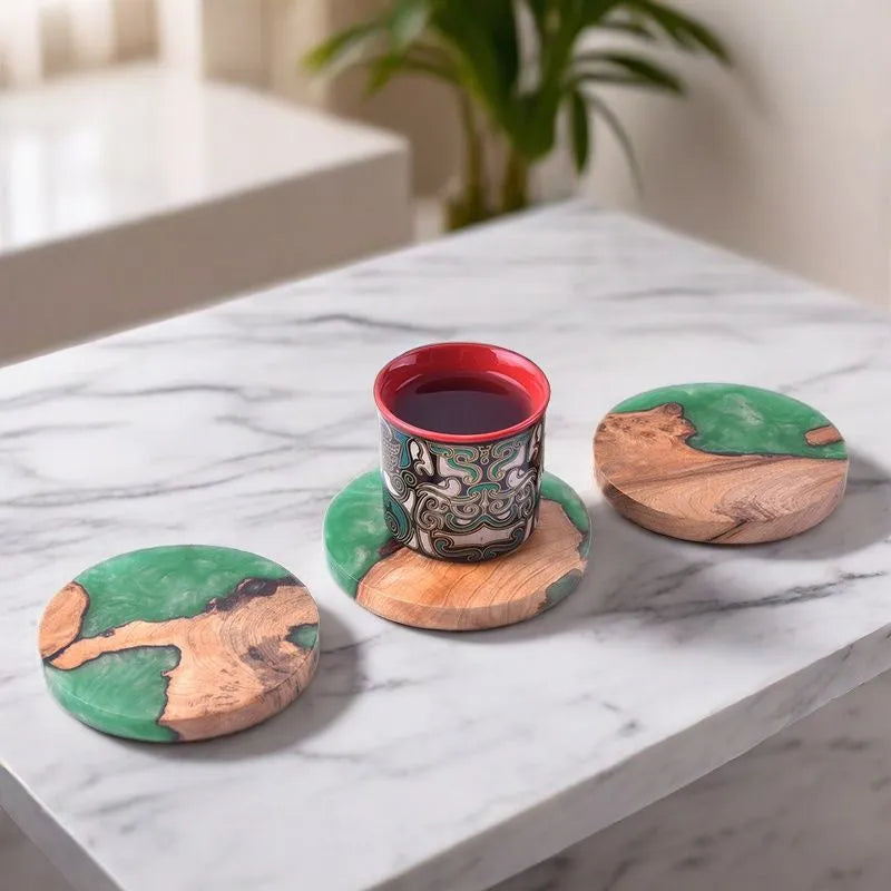 Wooden Kung Fu tea coaster in green solid colour with heat insulation resin