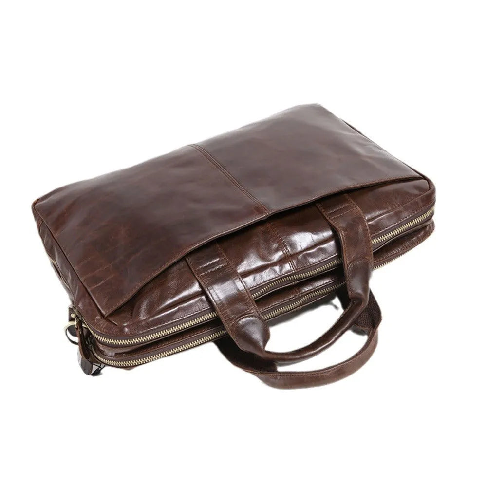 Brown men's 18-inch business briefcase in first layer cowhide leather with polyester lining