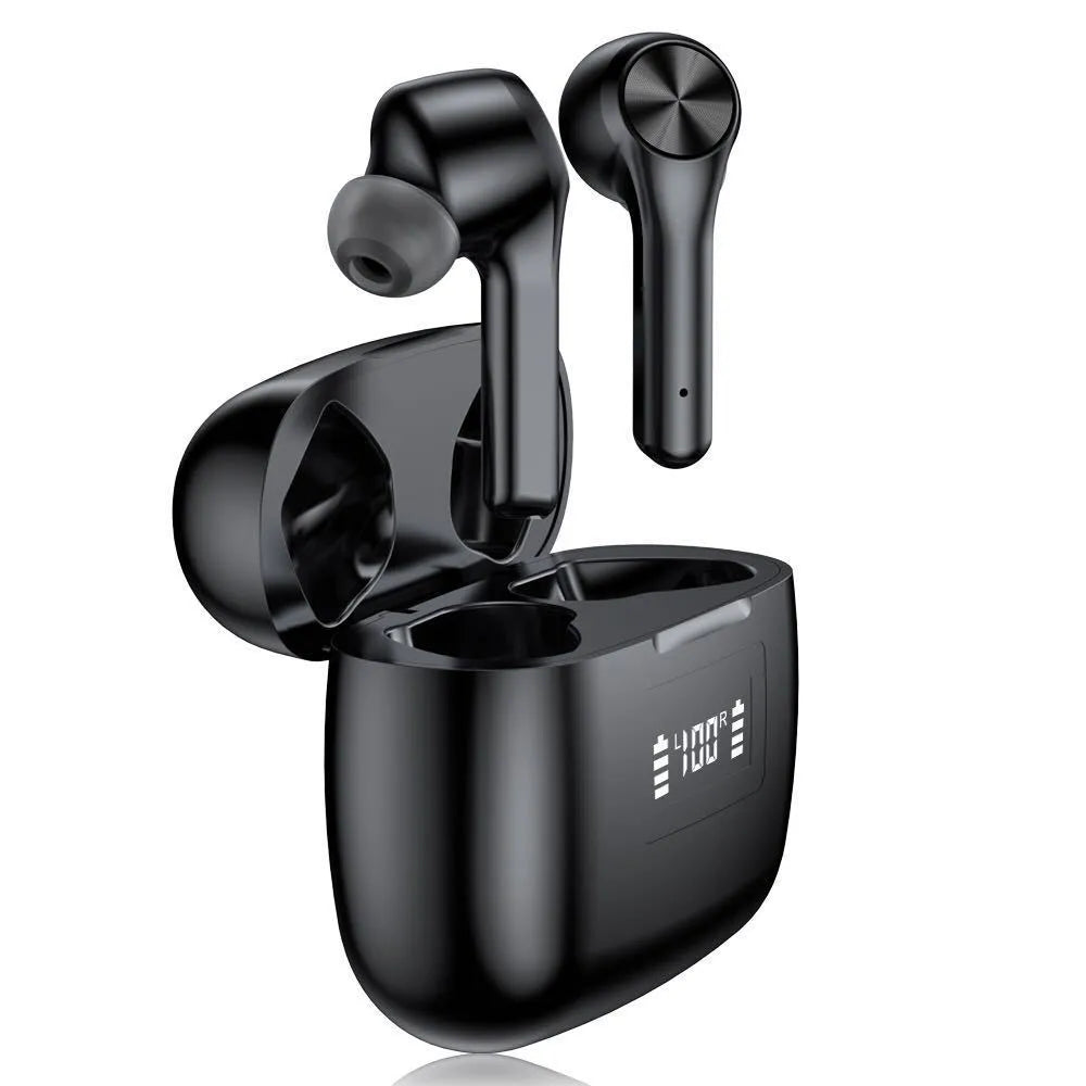 Cool black wireless Bluetooth earphones with touch controls and a matching charging case on a white background.