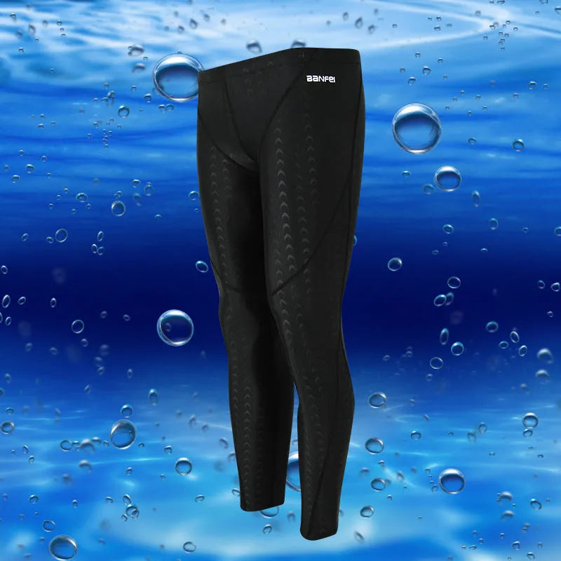 Men's nylon cropped swimming trunks in dark blue with orange line detail