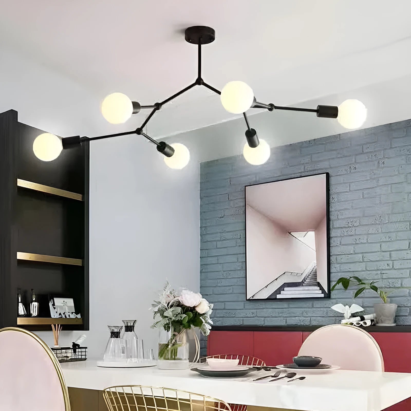 Iron Nordic style chandelier ceiling lamp in black or white with multiple light heads.