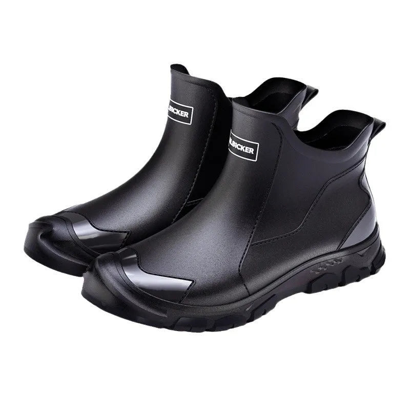 Short tube PVC rain boots with round toe and non-slip sole, shown in black and beige colour options.