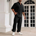 Men's apricot cotton linen casual short-sleeved shirt and trousers set laid flat.
