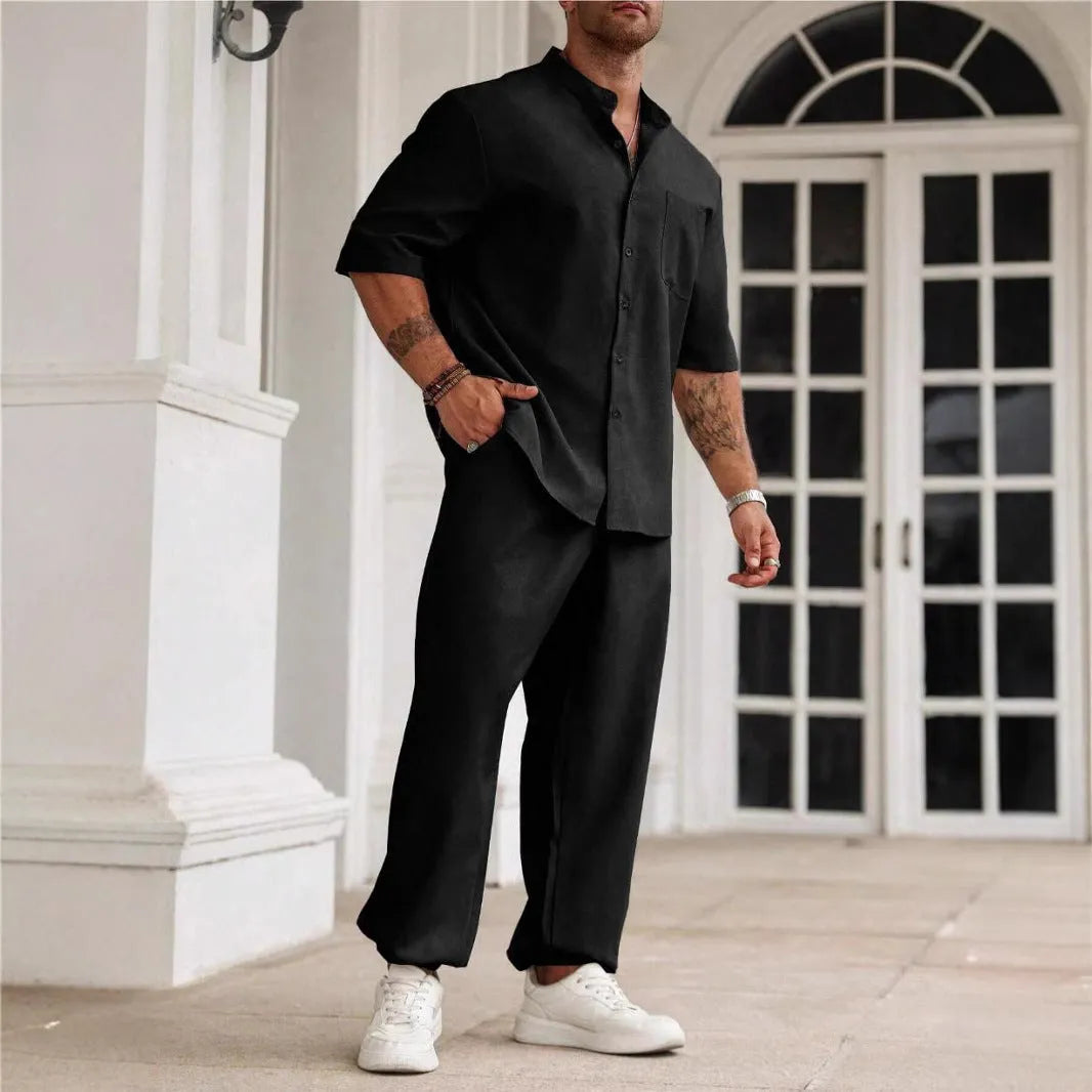 Men's apricot cotton linen casual short-sleeved shirt and trousers set laid flat.