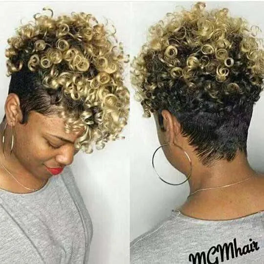 Women's short rolls style synthetic wig in Kanekalon, shown in black, brown, gold, and grey colour options.