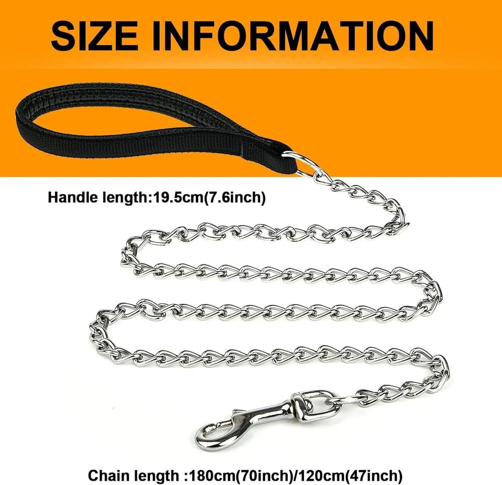 Heavy duty metal dog chain leash with soft black padded handle, shown with large dog