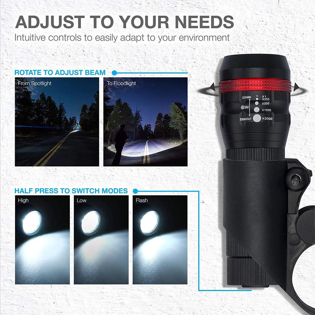 Bicycle headlights and taillights set with metal mounting bracket on a black background