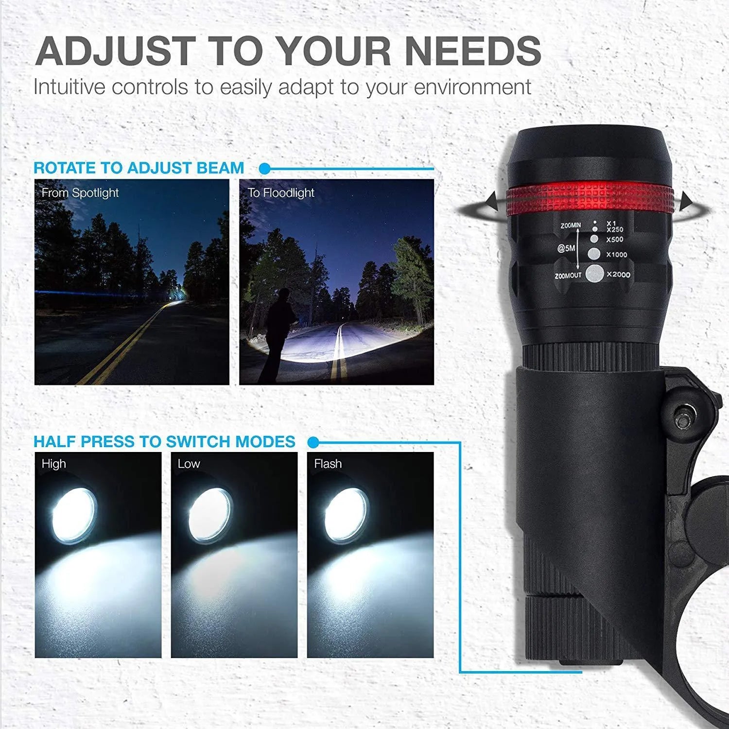 Bicycle headlights and taillights set with metal mounting bracket on a black background
