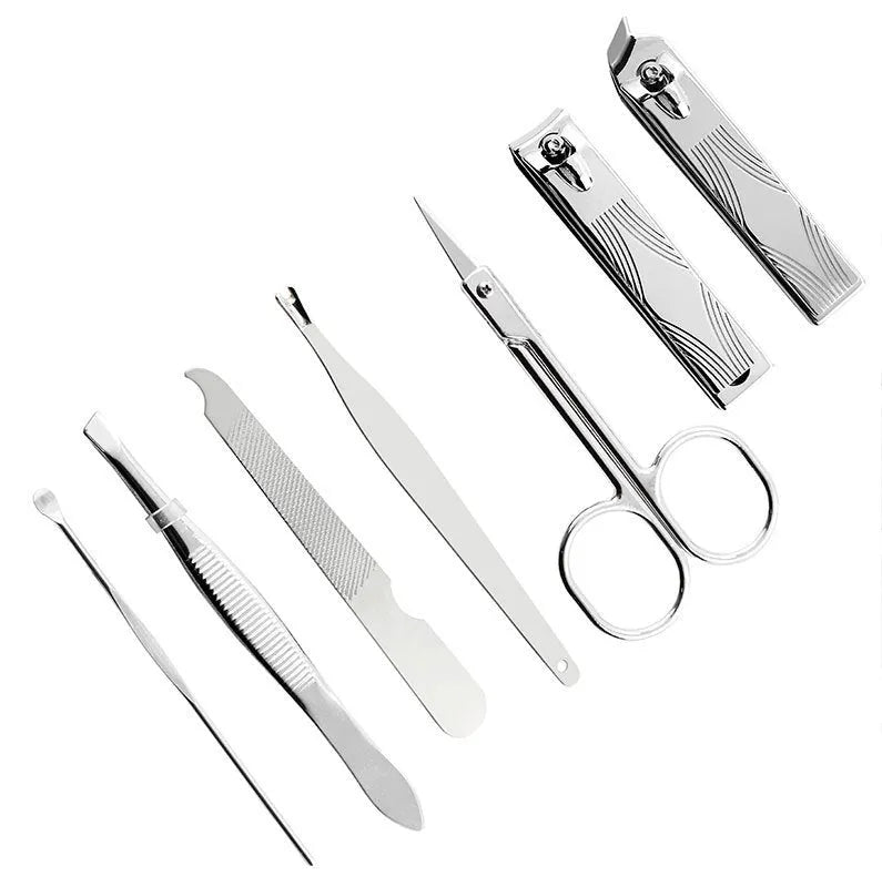 7-piece checked pattern manicure set with stainless steel nail clippers, eyebrow scissors, file, cuticle fork and ear pick, 110x60x20mm