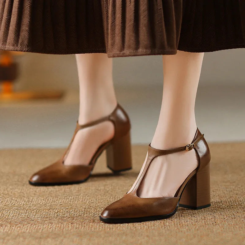 Baotou hollow women's retro pointed Mary Jane shoes in dark brown with buckle fastening