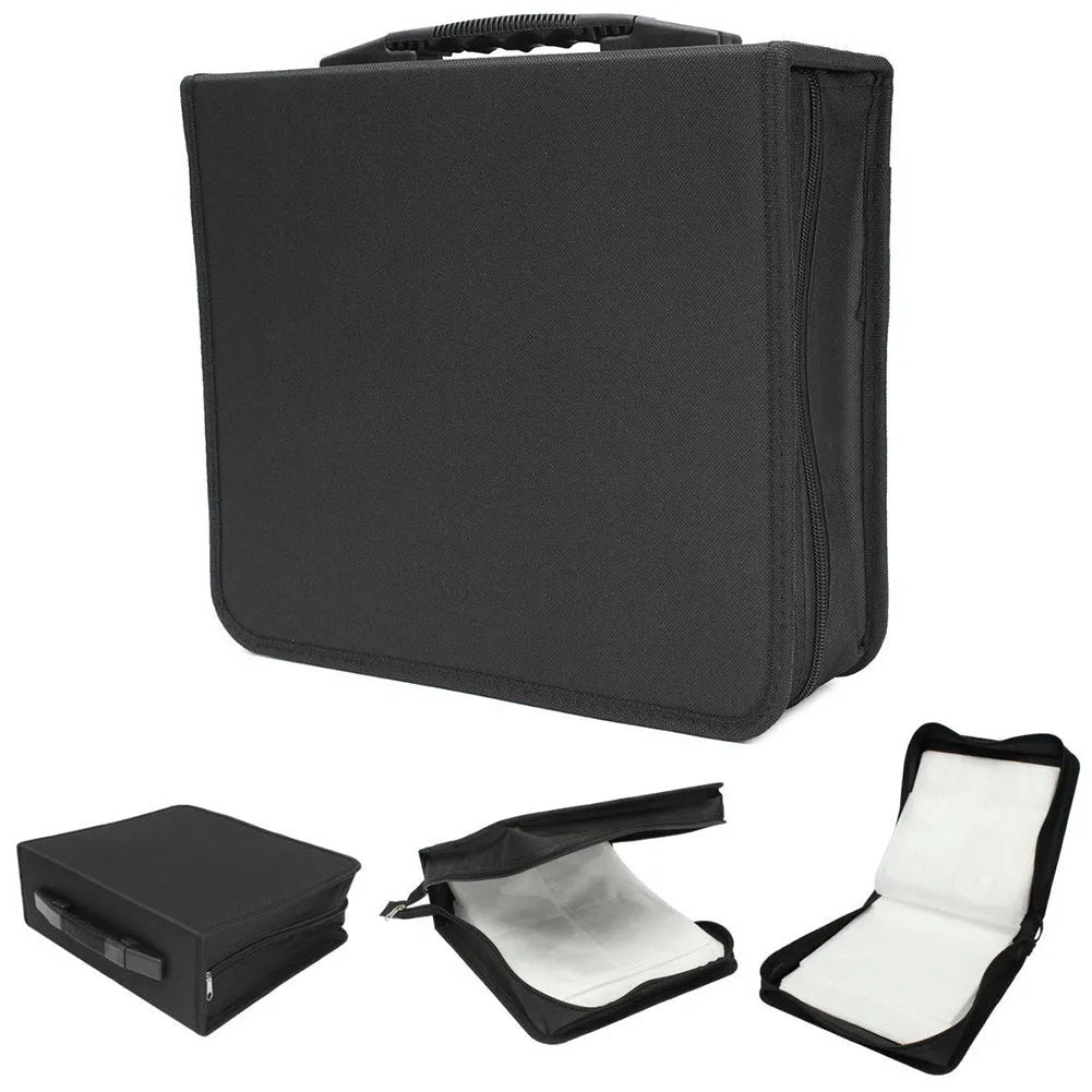 Black Oxford fabric CD storage binder with zipper and a top carry strap