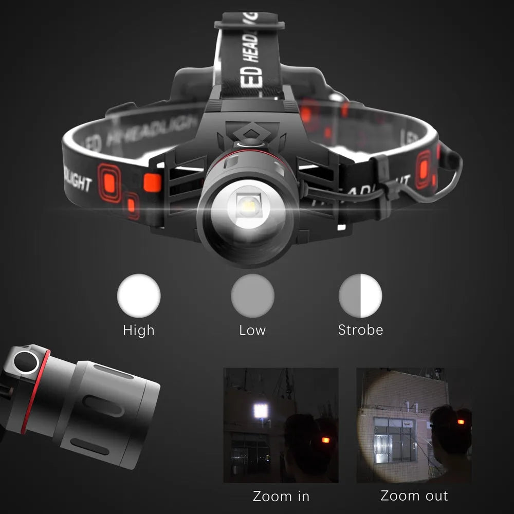 T6 LED headlamp with white green red lights showing zoomable lens and adjustable headband