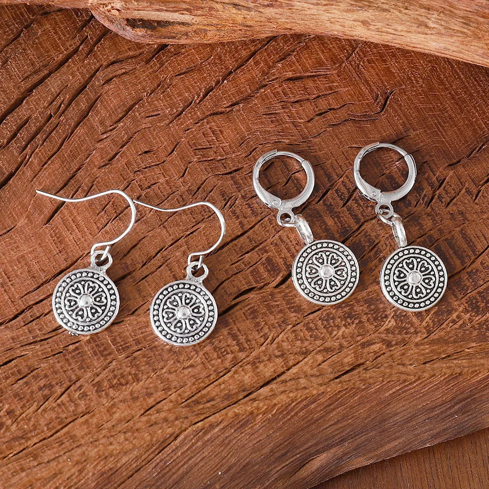Bohemian style retro earrings with geometric shape and distressed ethnic design in zinc alloy