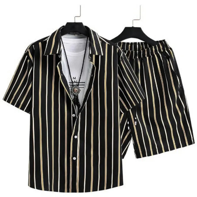 Men's digital print cardigan suit set with short sleeve shirt and elastic shorts in multiple colour options